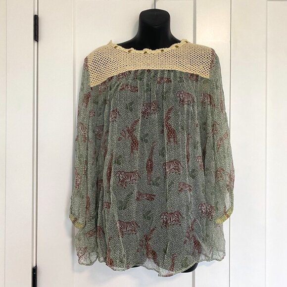 Handmade Animal Print Blouse Sheer Long Sleeve Shirt Top Size Medium / Large - Picture 1 of 6